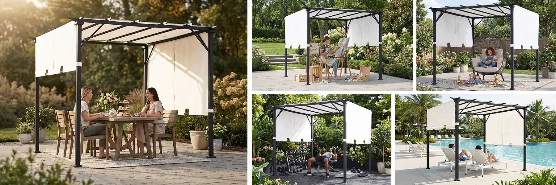 SUNJOY 9x9 Matte Black Steel Frame Pergola with Adjustable Canopy Roof - White