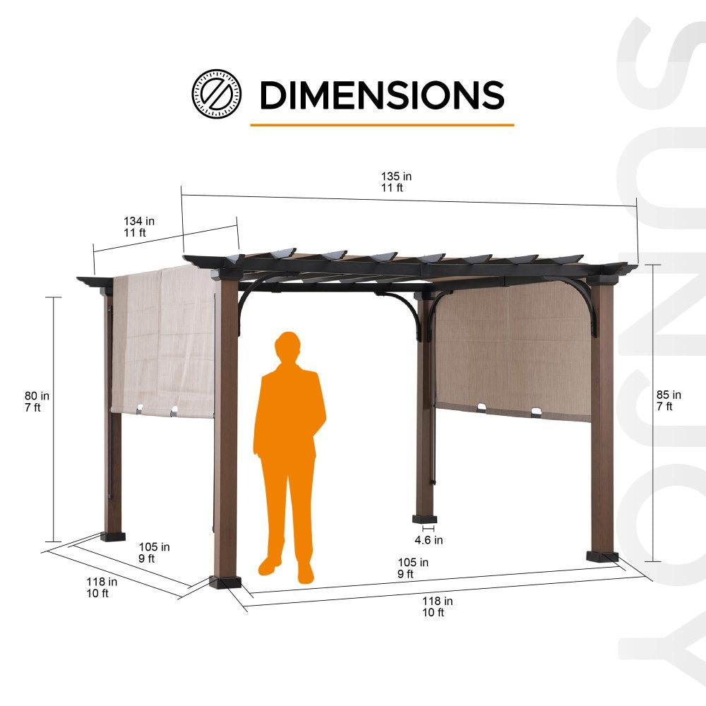 SUNJOY 11x11 Metal Pergola with Sliding Canopy & Wood-Look Finish 