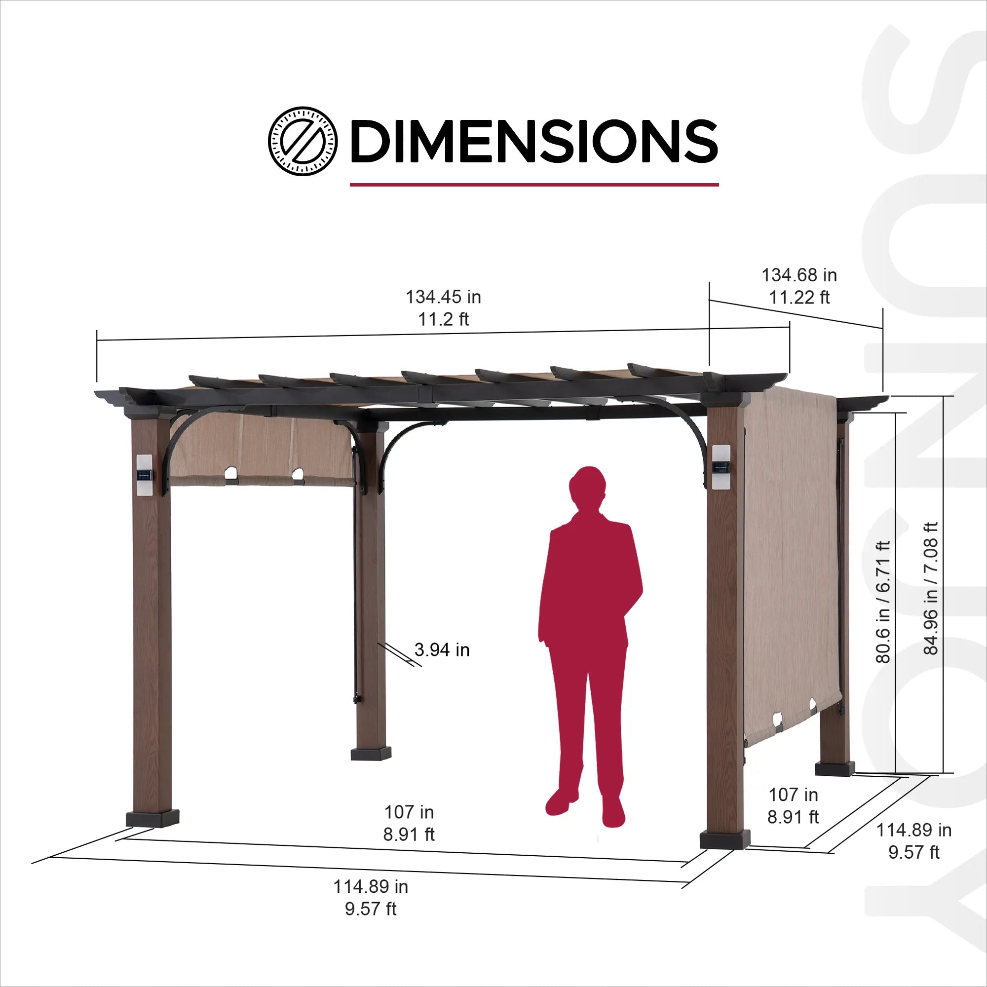 A dimension diagram of a pergola with labeled measurements for width, height, and depth, plus a red human silhouette showing the structure's interior height.