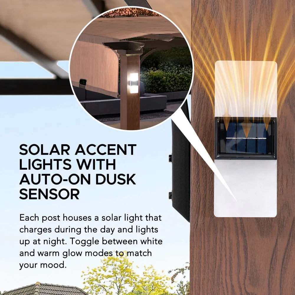 SUNJOY 11x11 Wood-Look Finish Metal Pergola with Sliding Canopy & Solar Lights 
