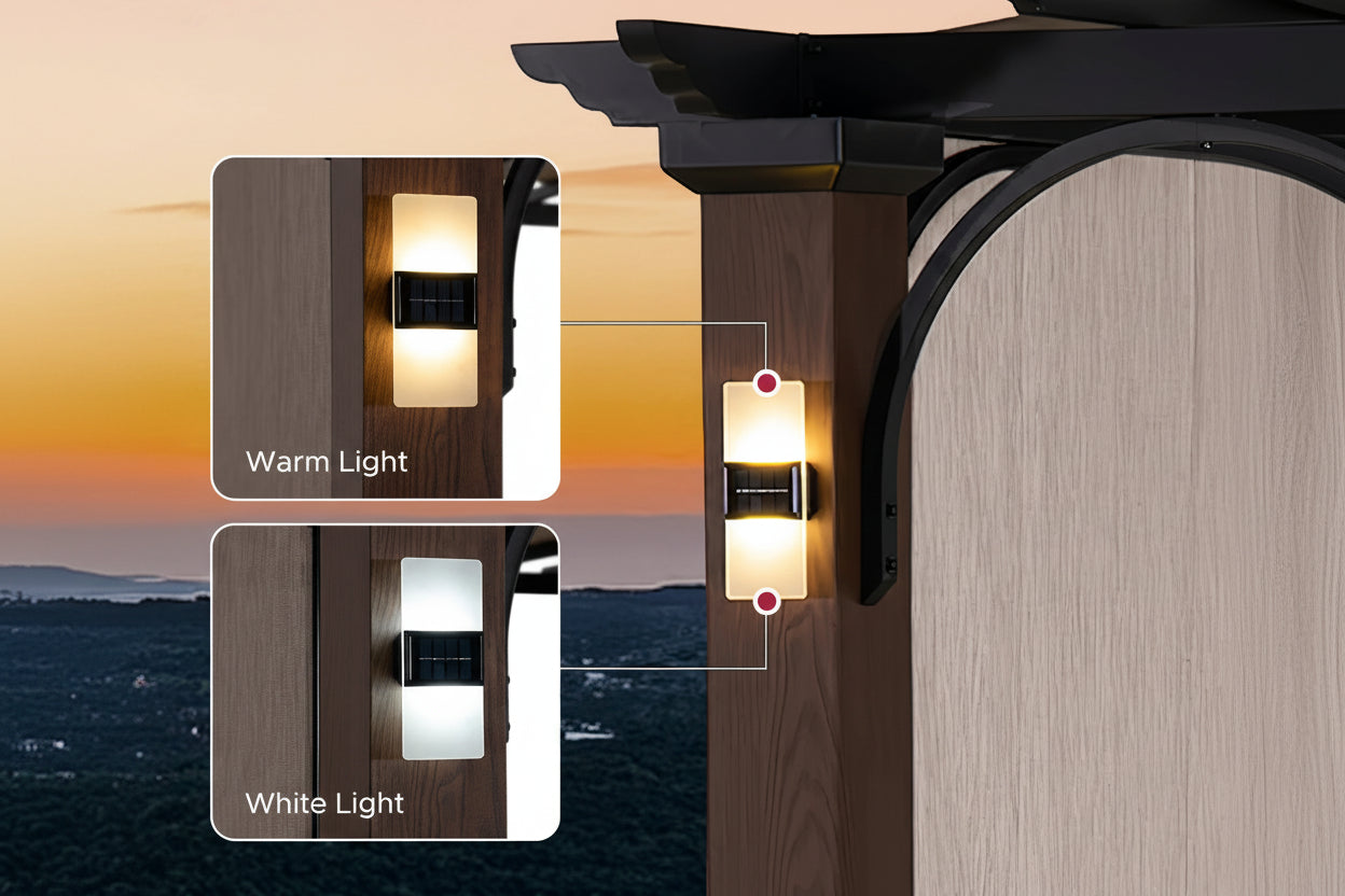 SUNJOY 11x11 Wood-Look Finish Metal Pergola with Sliding Canopy & Solar Lights