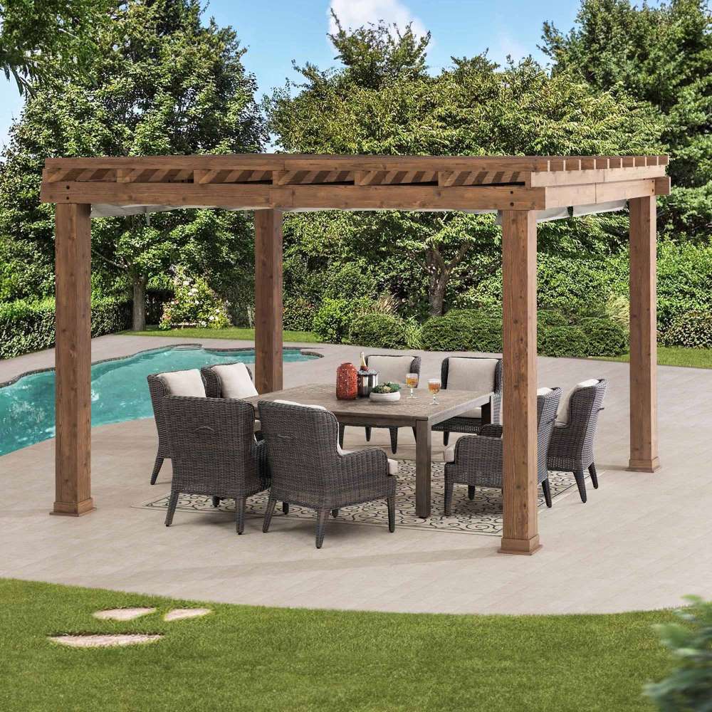 Costco Only-Sunjoy 10.6' x 12.8' Aluminum Pergola, Woodgrain Aluminum Frame Pergola with Retractable Sunbrella® Fabric Canopy.