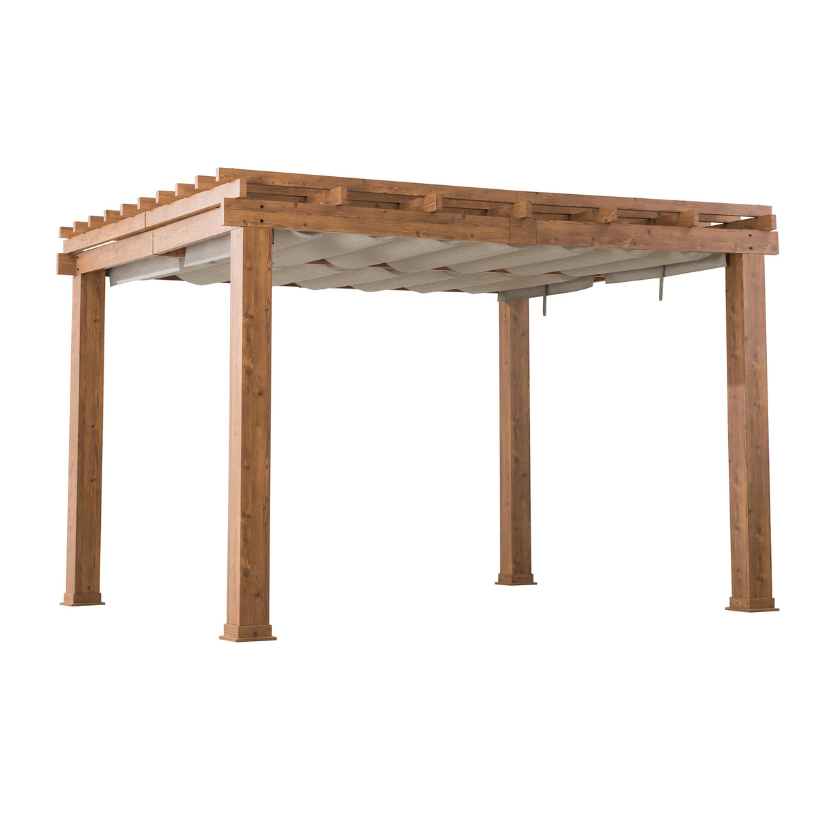 Costco Only-Sunjoy 10.6' x 12.8' Aluminum Pergola, Woodgrain Aluminum Frame Pergola with Retractable Sunbrella® Fabric Canopy.