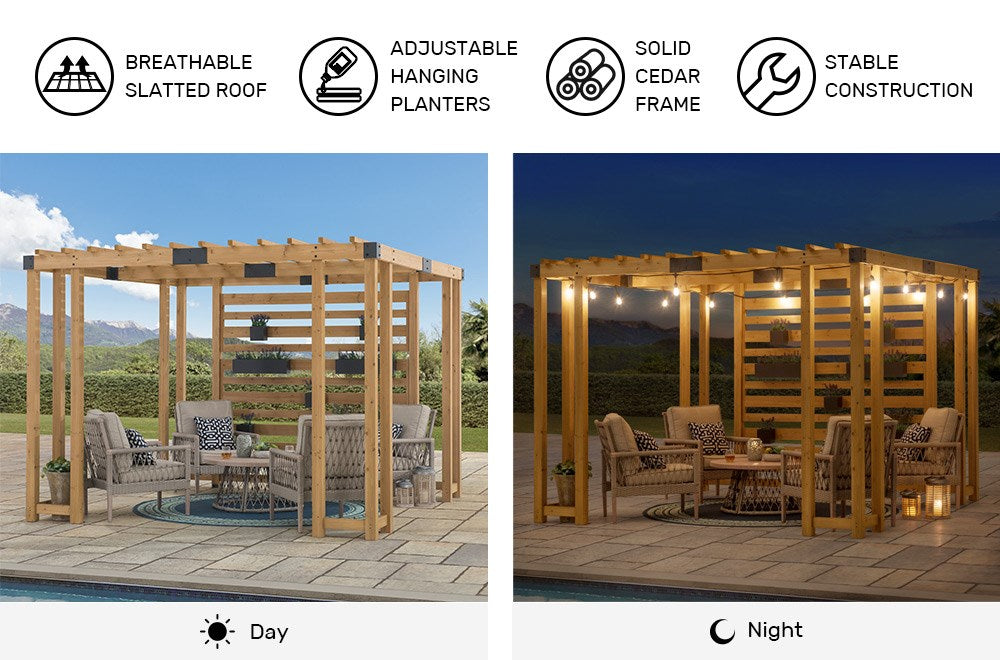 SUNJOY 10x10 Wooden Pergola with Privacy Screen & Hanging Planters