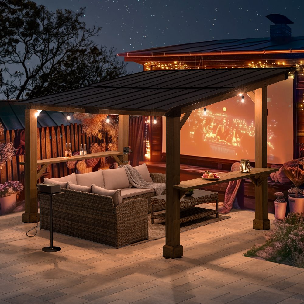 SUNJOY 10x12 Cedar Gazebo Pergola with Bar Shelves and Power Port.