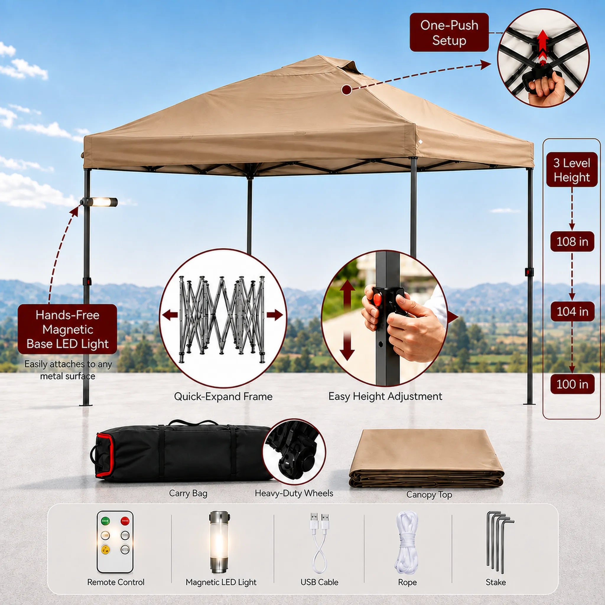 Solis Glow Instant Gazebo, 10×10 - Desert Taupe