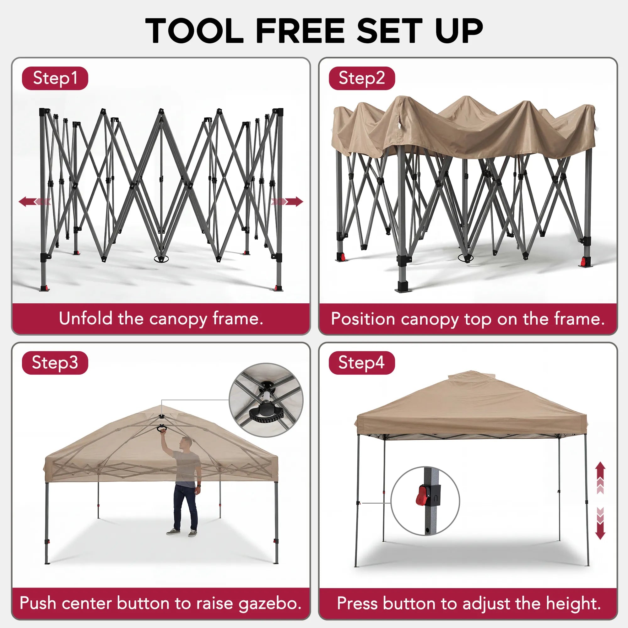 SUNJOY 10x10 Pop Up Gazebo Canopy with Detachable LED Light and Carry Bag - Taupe 