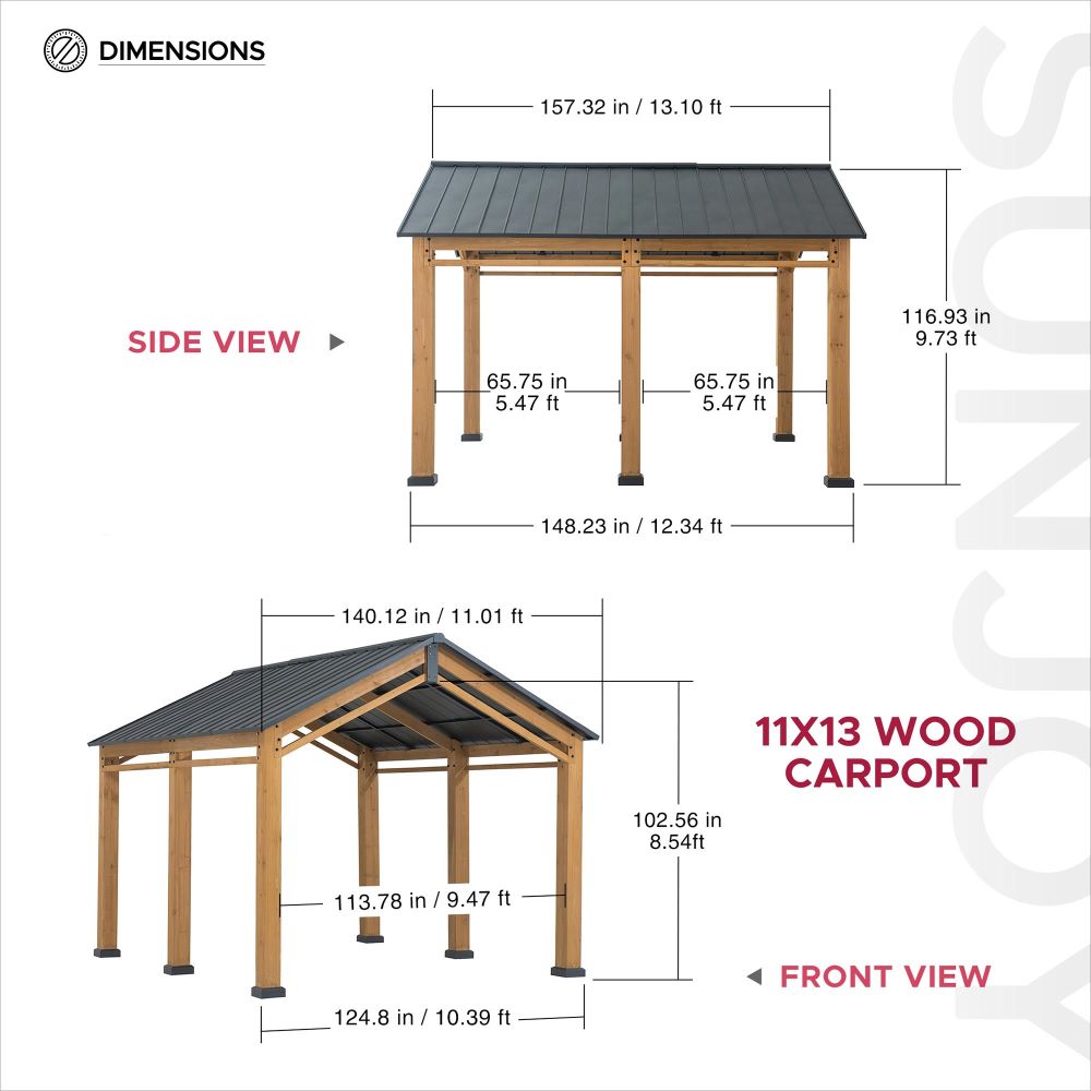 SUNJOY 11x13 Small Wooden Carport Gazebo with Ceiling Hook