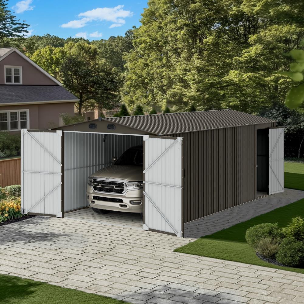 SUNJOY 10x20 Storage Shed Kits with Lockable Doors and Vents - Tan 