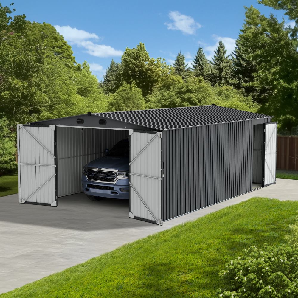 SUNJOY 13x20 Metal Shed Kits with Lockable Doors and Vents - Dark Gray.