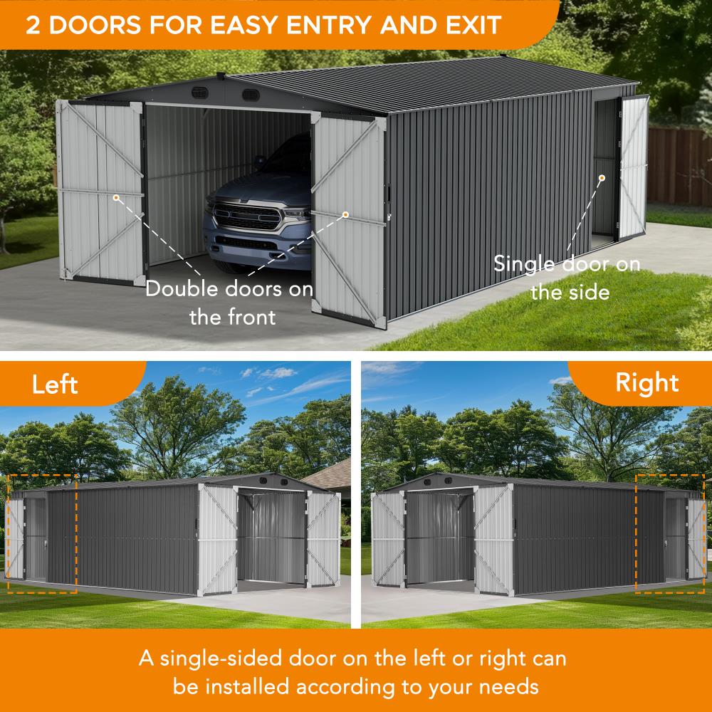 SUNJOY 13x20 Metal Shed Kits with Lockable Doors and Vents - Dark Gray.