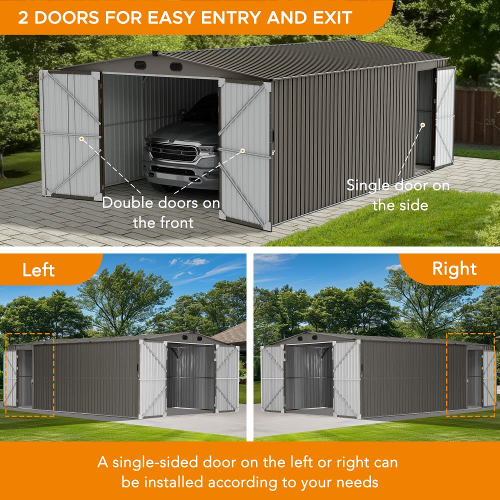 SUNJOY 13x20 Metal Shed Kits with Lockable Doors and Vents.