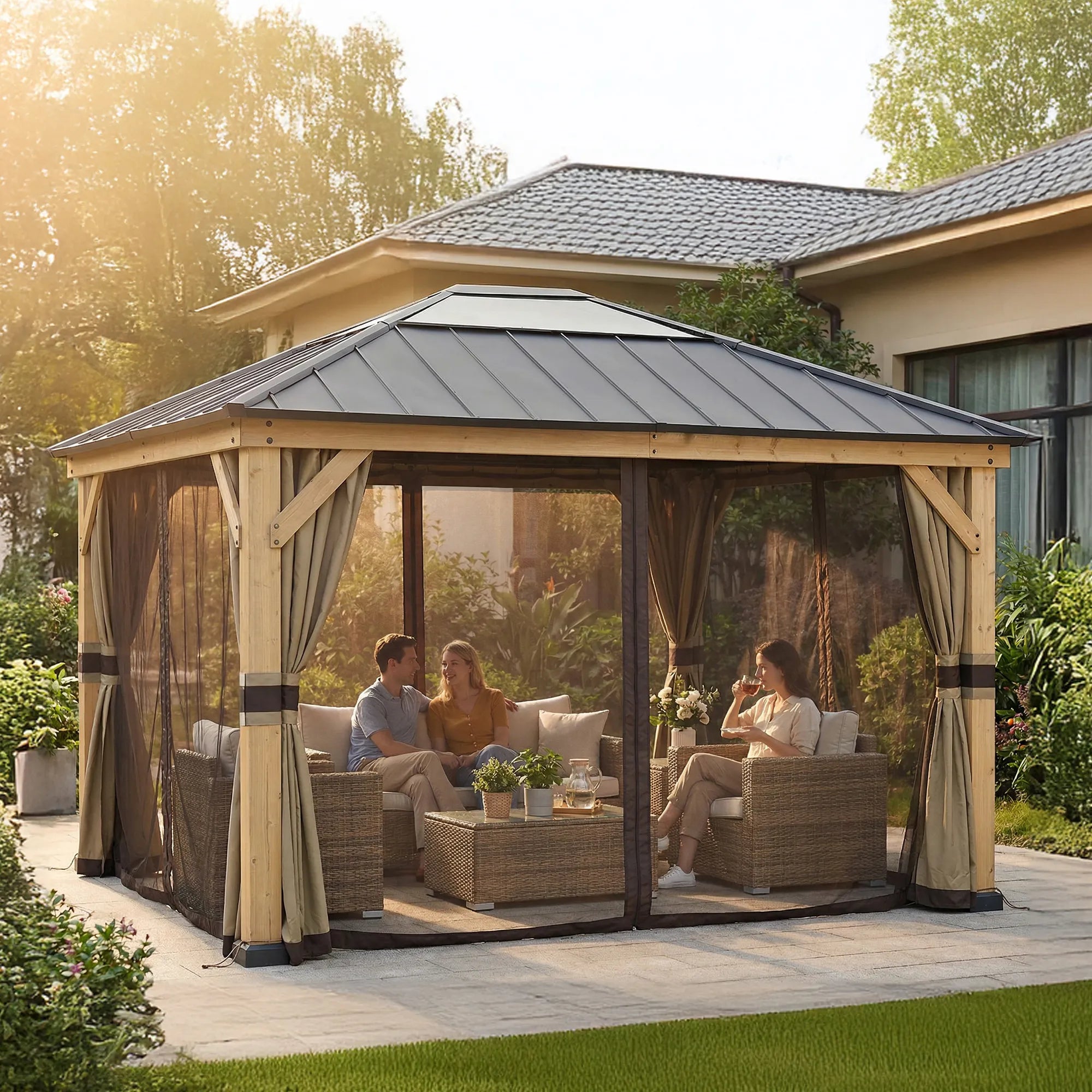 SUNJOY Replacement Curtains and Mosquito Netting for 11 ft. ×13 ft. Wood-Framed Gazebos