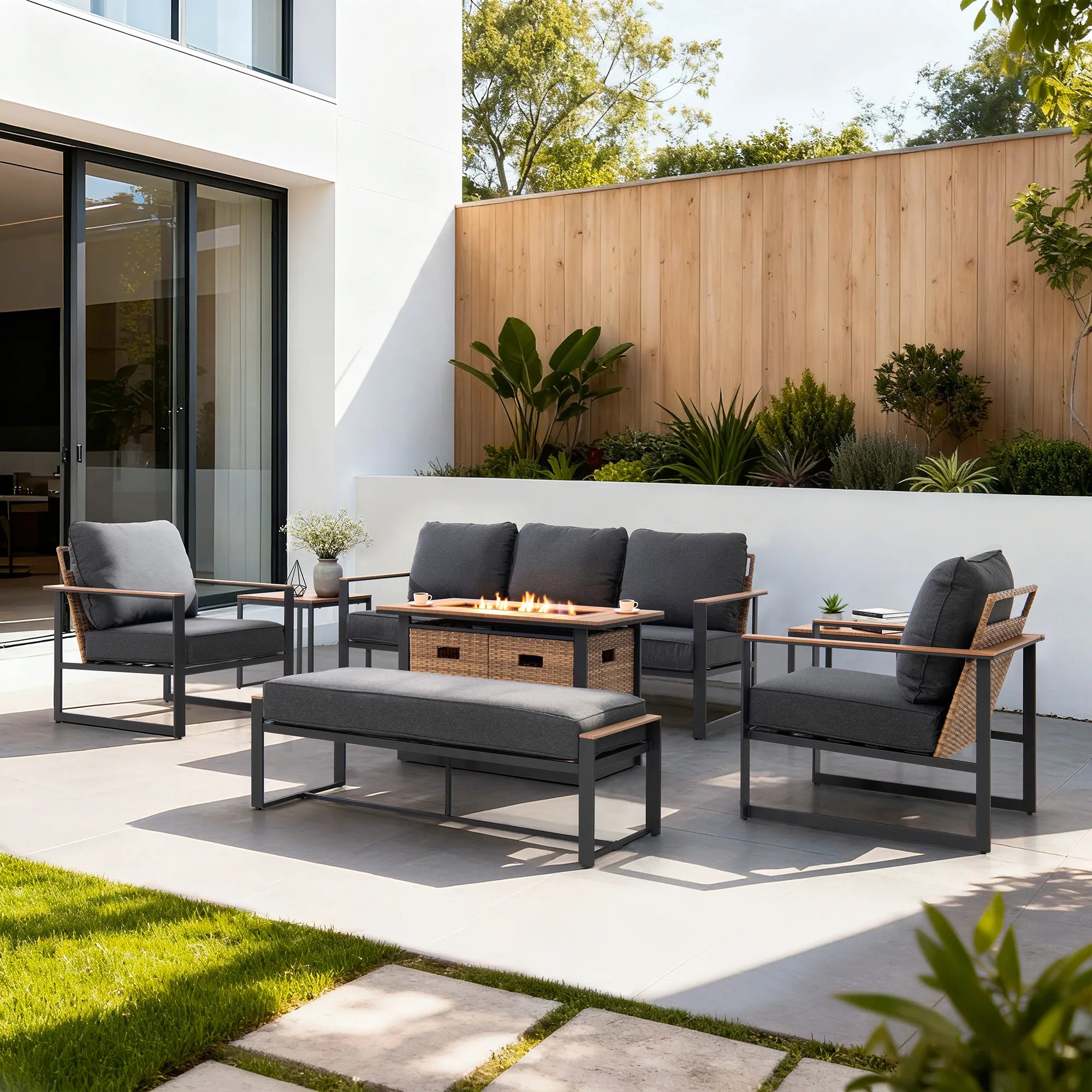 allen + roth Dorsey 7 -Piece Rattan Patio Sofa Conversation Set with Gray Cushions