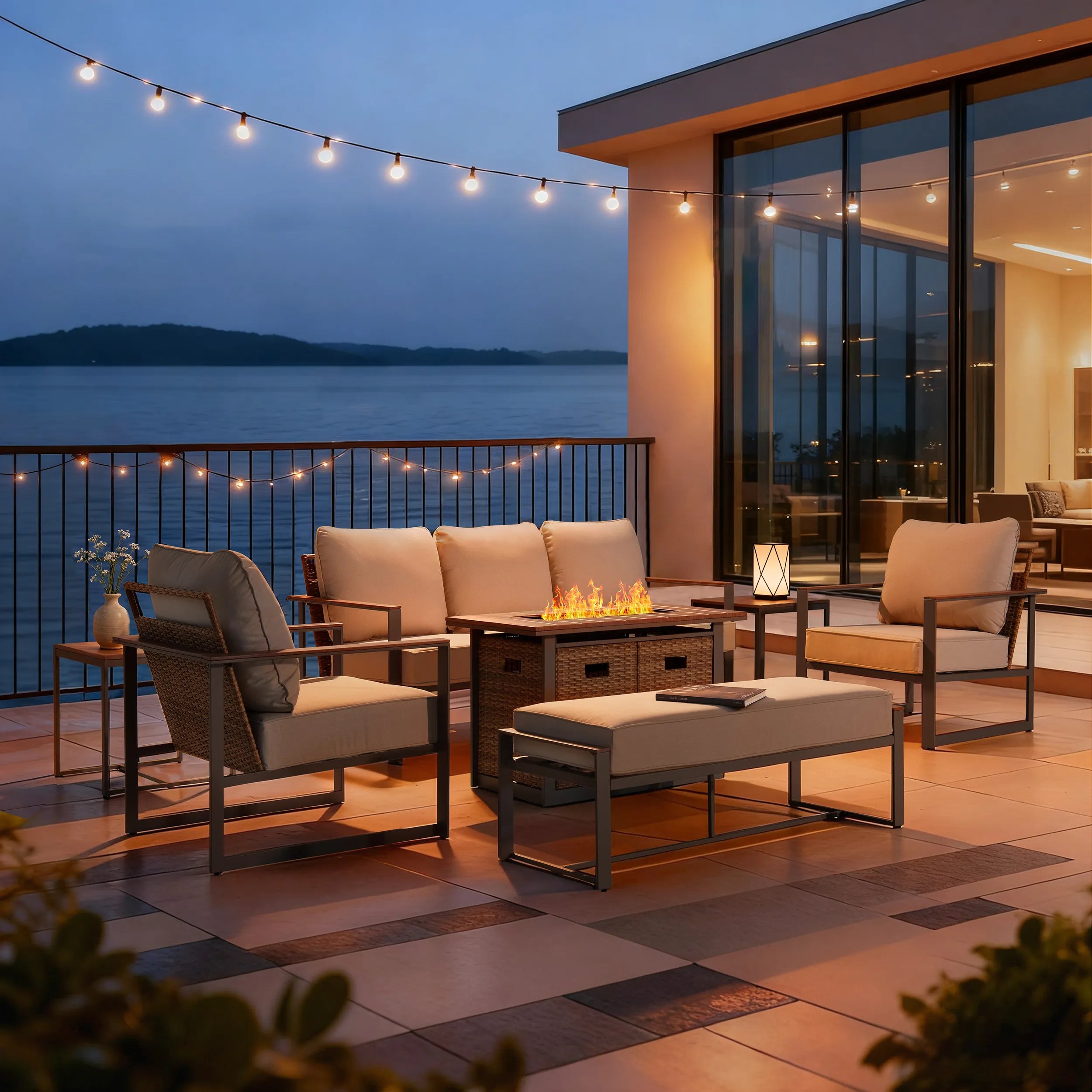 allen + roth Dorsey 7 -Piece Rattan Patio Sofa Conversation Set with Cream Cushions