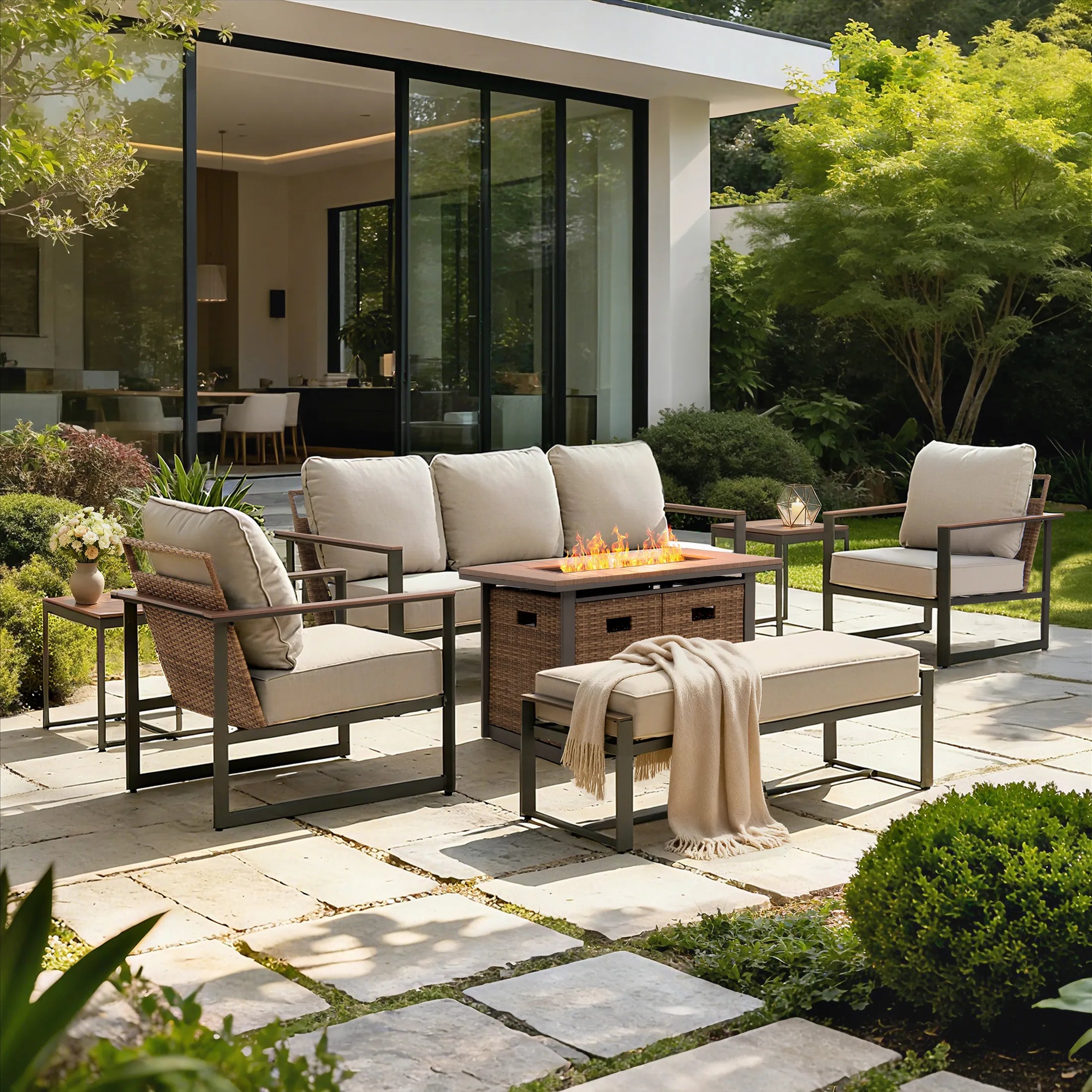 allen + roth Dorsey 7 -Piece Rattan Patio Sofa Conversation Set with Cream Cushions