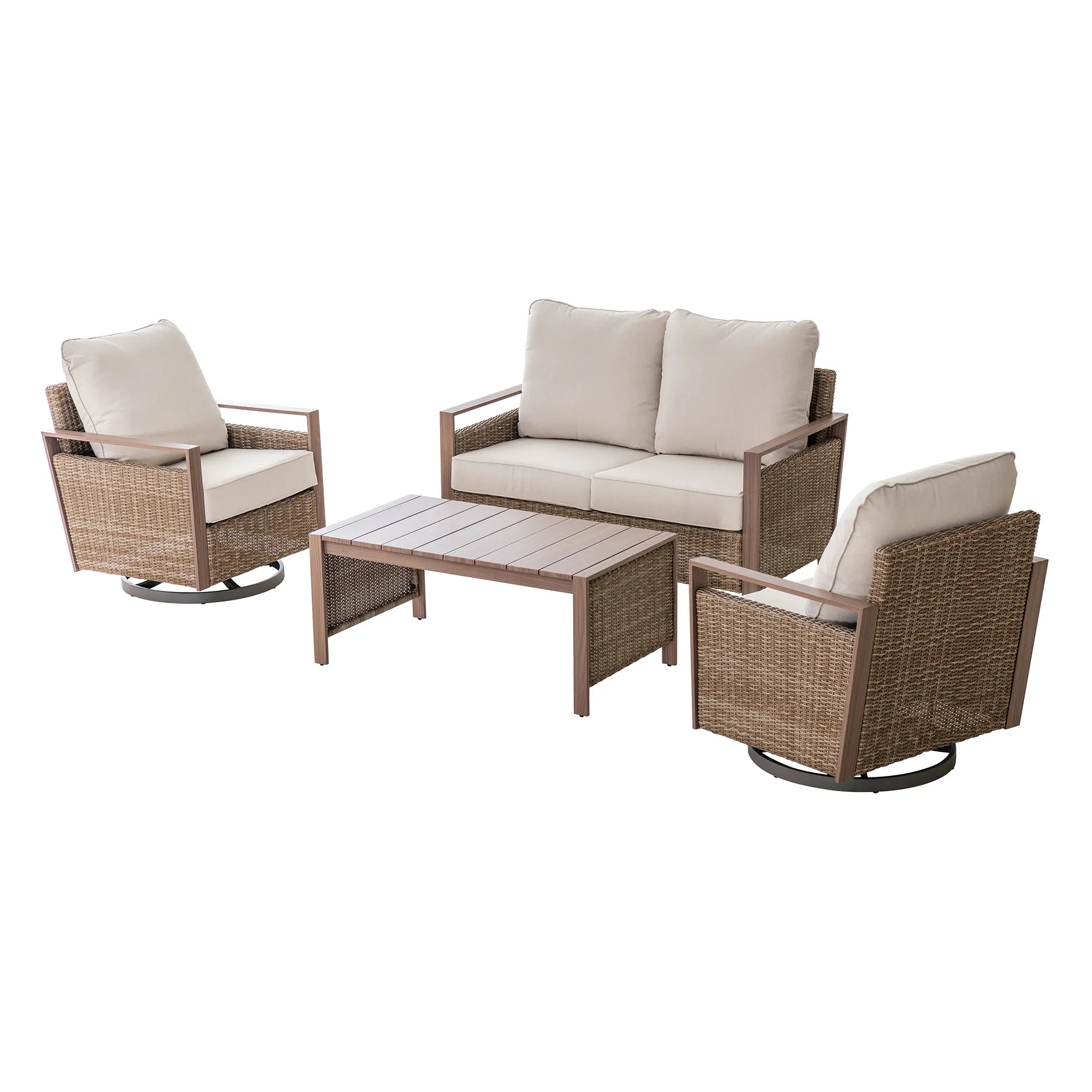 allen + roth Dorsey 4 -Piece Rattan Patio Sofa Conversation Set with Cream Cushions
