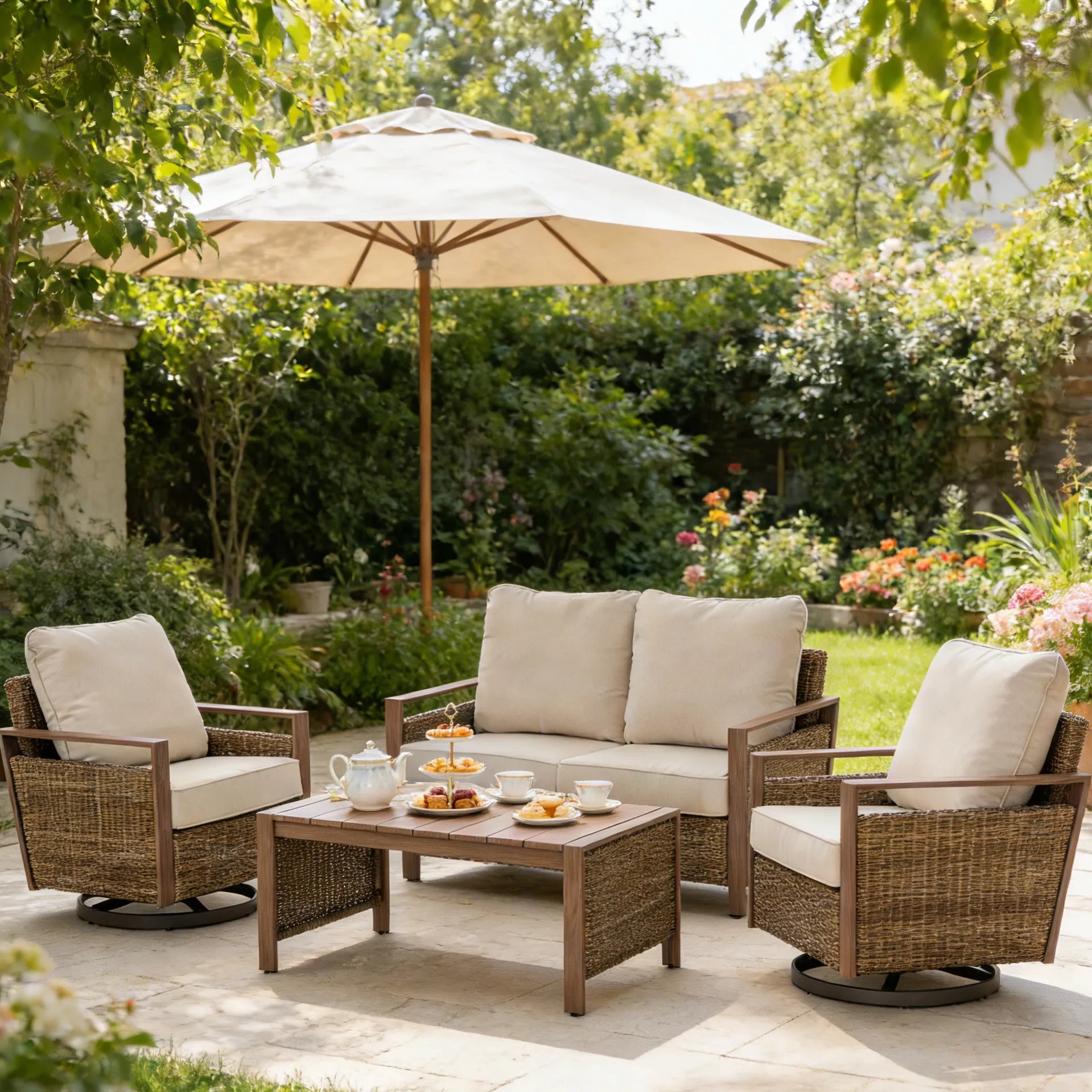 Outdoor patio set with furniture and umbrella in a garden setting