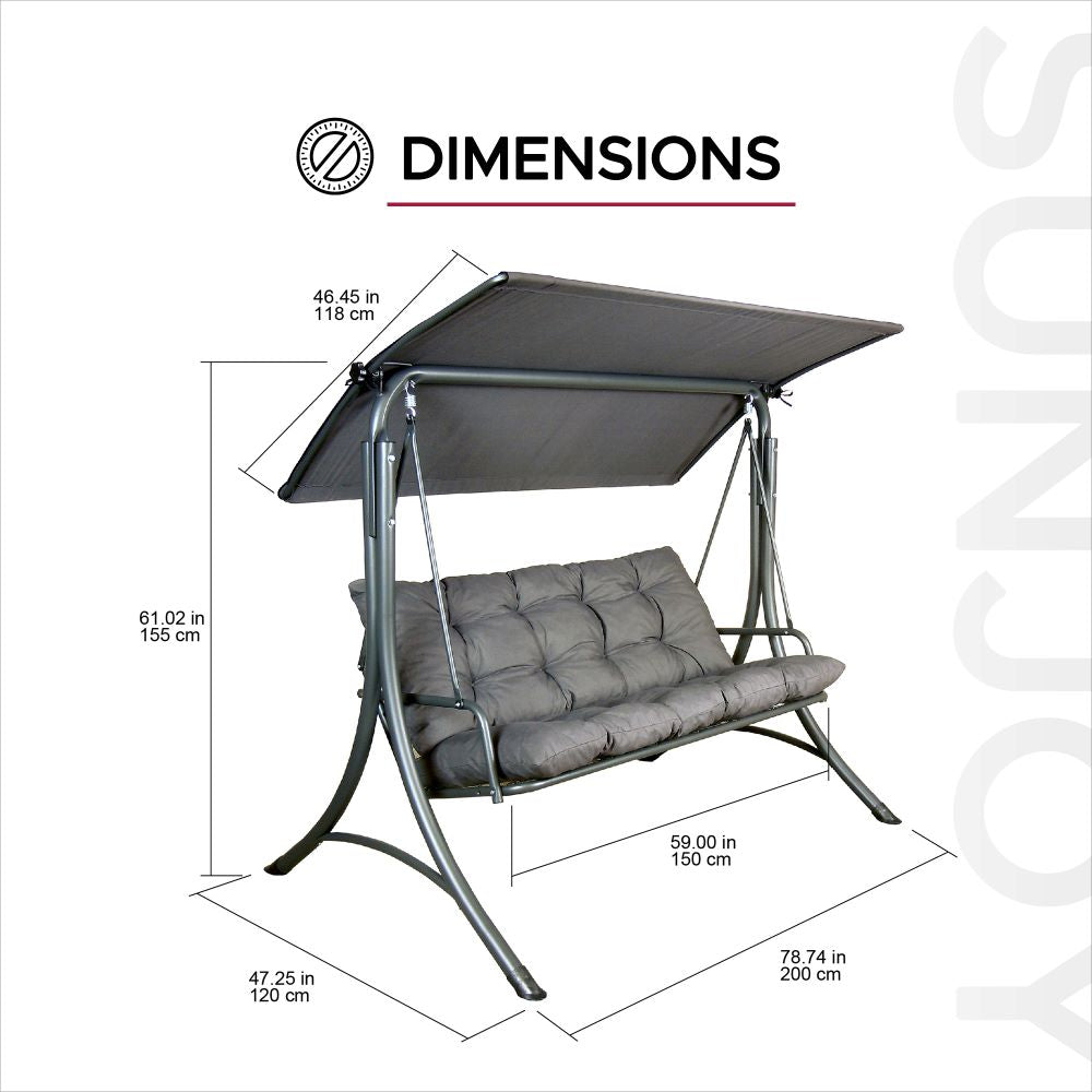 SUNJOY 3-Seat Outdoor Patio Swing with Adjustable Canopy and Removable Cushion - Gray 