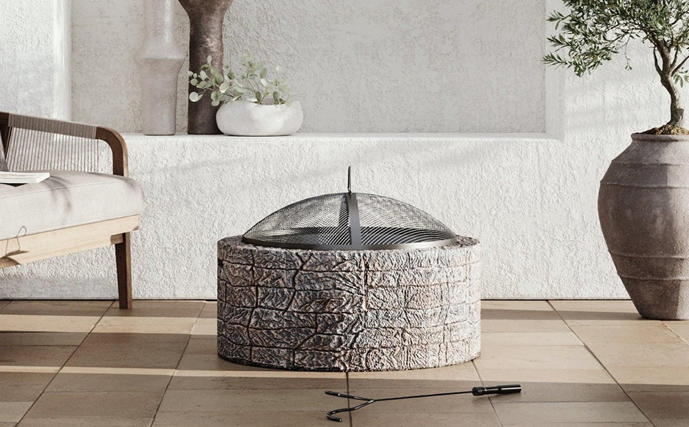 SUNJOY 26 Inch Small Outdoor Stone Firepit with Spark Screen and Poker - Misty Blue