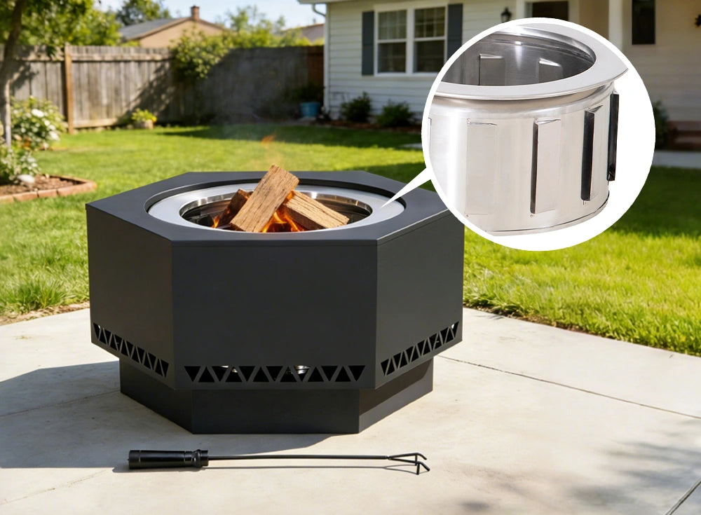 SUNJOY 28 Inch Hexagon Stainless Steel Smokeless Fire Pit with PVC Cover - Triangle Pattern & Black