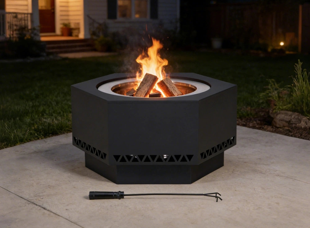 SUNJOY 28 Inch Hexagon Stainless Steel Smokeless Fire Pit with PVC Cover - Triangle Pattern & Black