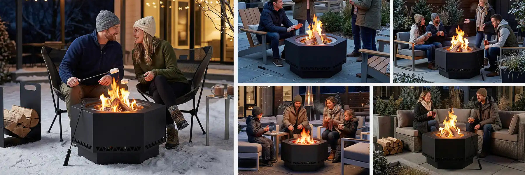 SUNJOY 28 Inch Hexagon Stainless Steel Smokeless Fire Pit with PVC Cover - Triangle Pattern & Black