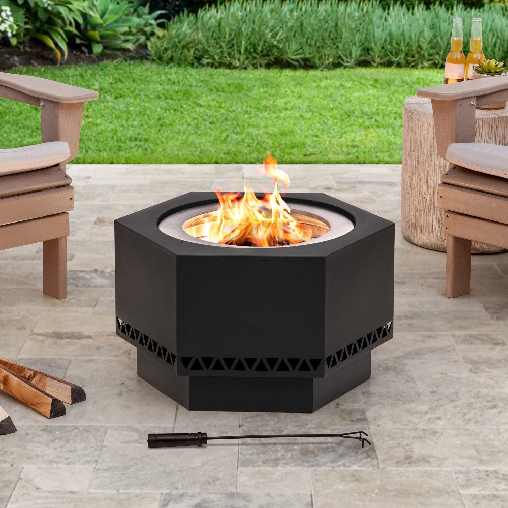 SUNJOY 28 Inch Hexagon Stainless Steel Smokeless Fire Pit with PVC Cover