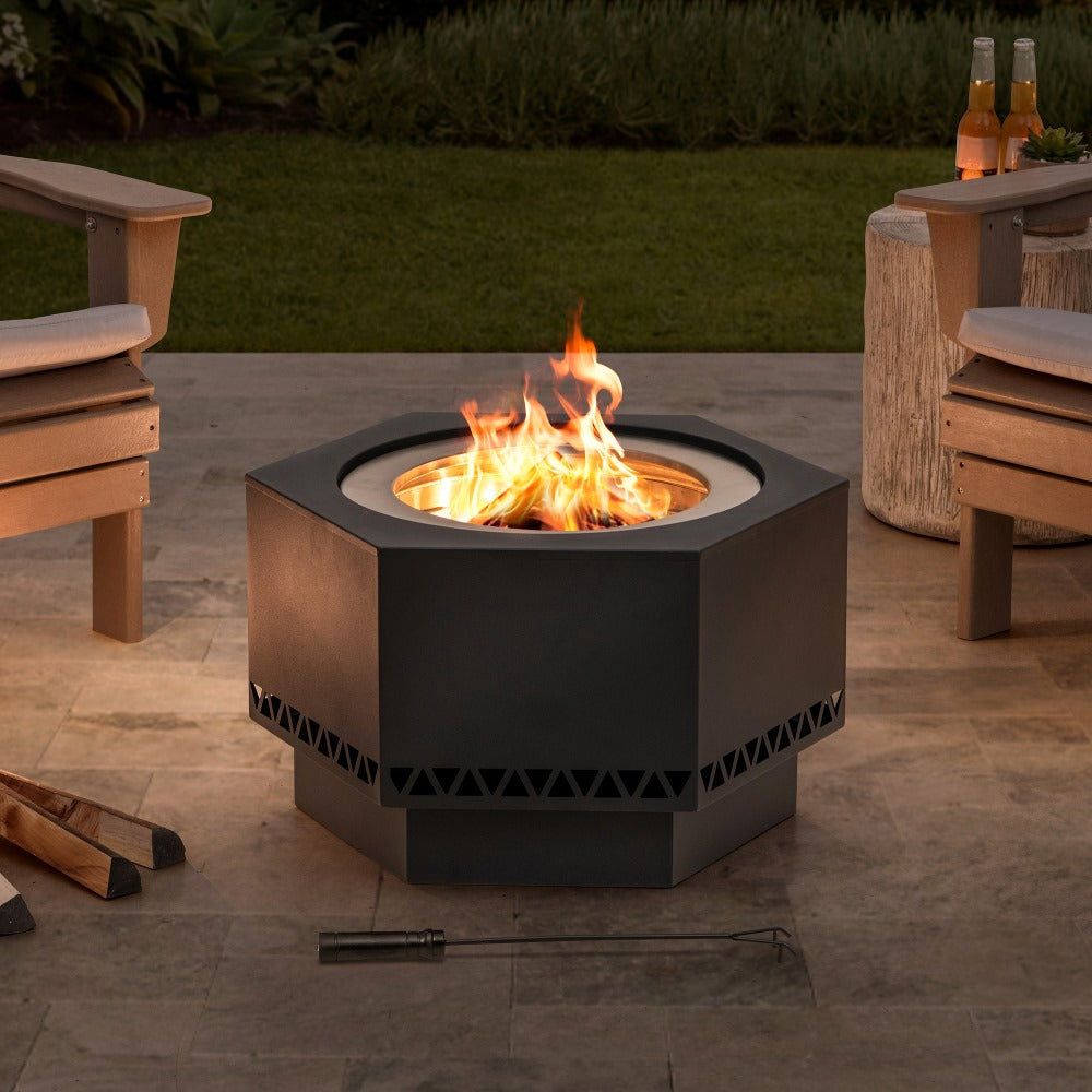 SUNJOY 28 Inch Hexagon Stainless Steel Smokeless Fire Pit with PVC Cover
