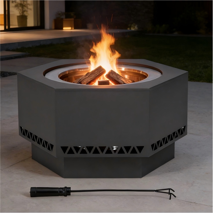 SUNJOY 28 Inch Hexagon Stainless Steel Smokeless Fire Pit with PVC Cover - Triangle Pattern & Gray