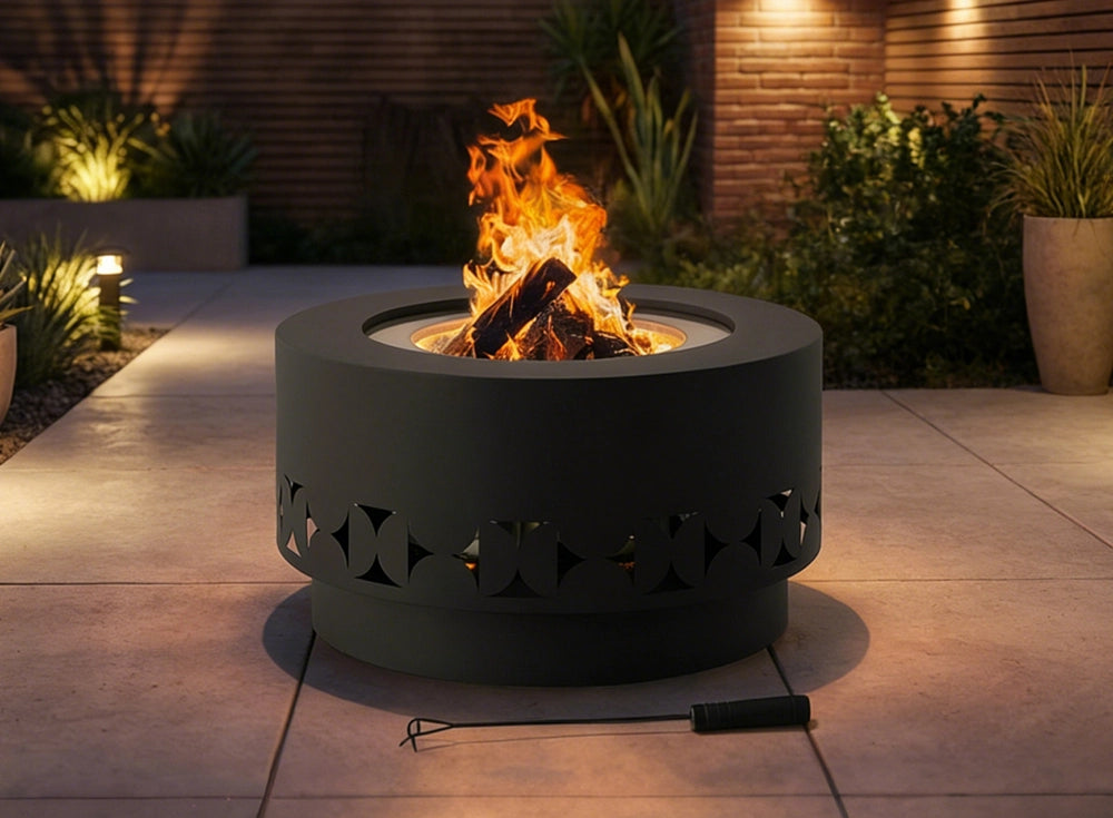 SUNJOY 28 Inch Round Stainless Steel Smokeless Fire Pit with PVC Cover and Poker - Triangle Pattern & Gray