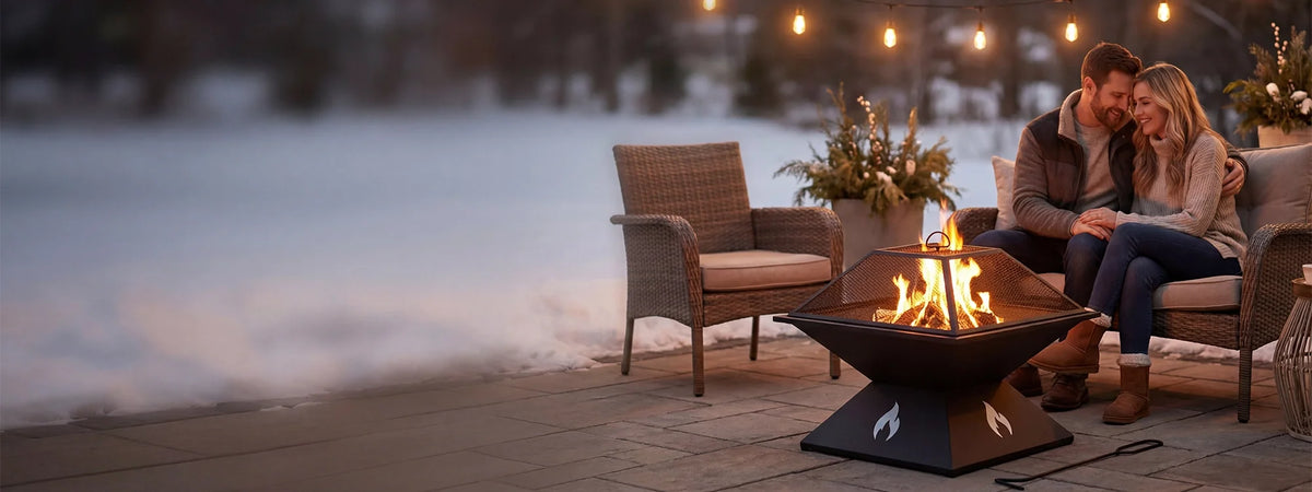 SUNJOY 20 Inch Lightweight Steel Fire Pit with Geometric Base, Spark Screen & Fire Poker