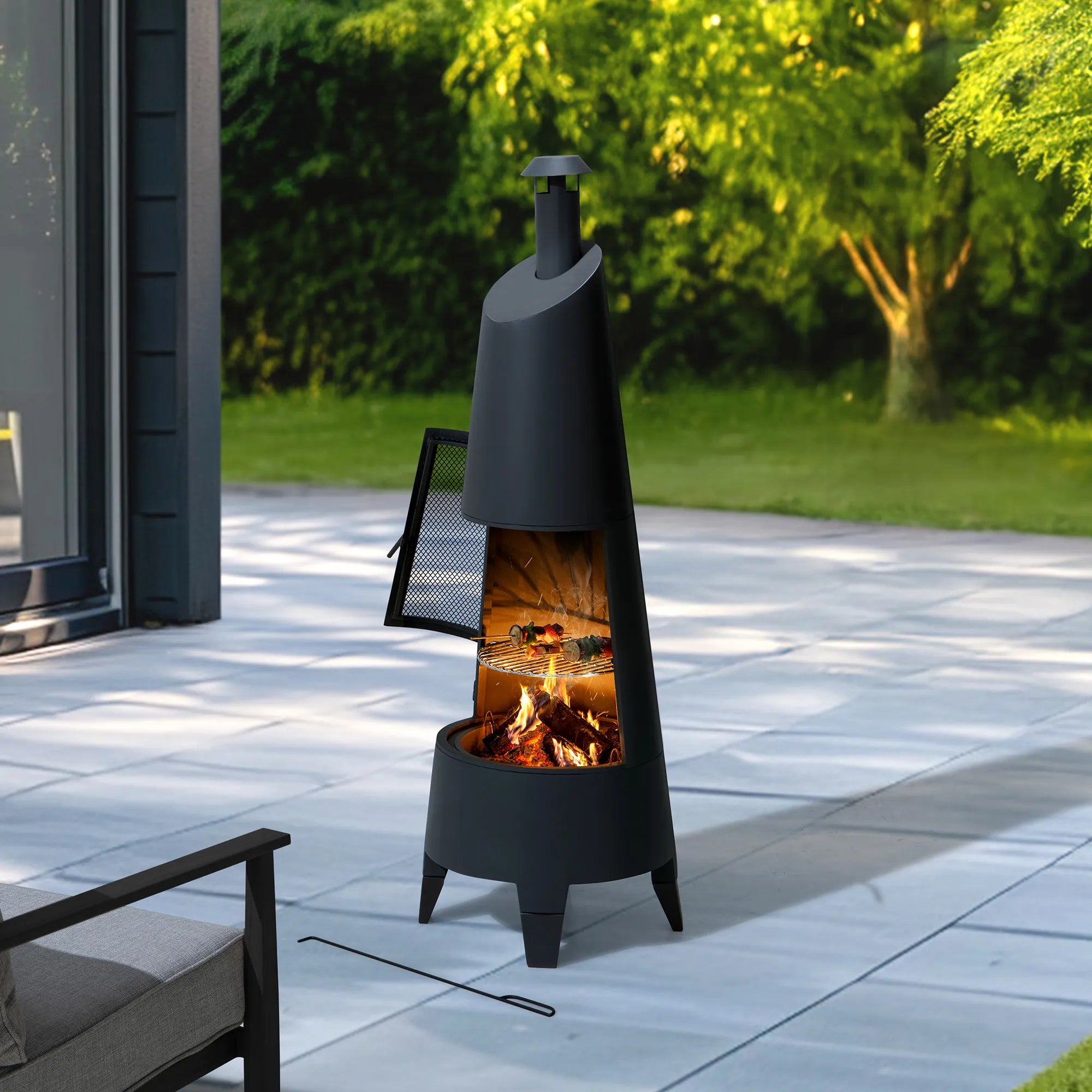 SUNJOY 57 Inch 2-in-1 Chiminea Fire Pit & Grill with Removable Grill Grate and PVC Cover - Black