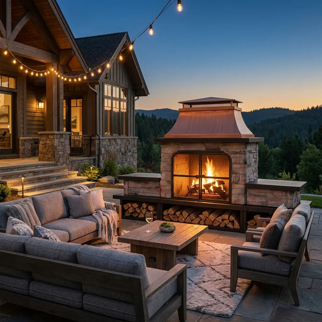 Canyon Stone Wood Burning Fireplace with Log Holders 82" - Antique Copper
