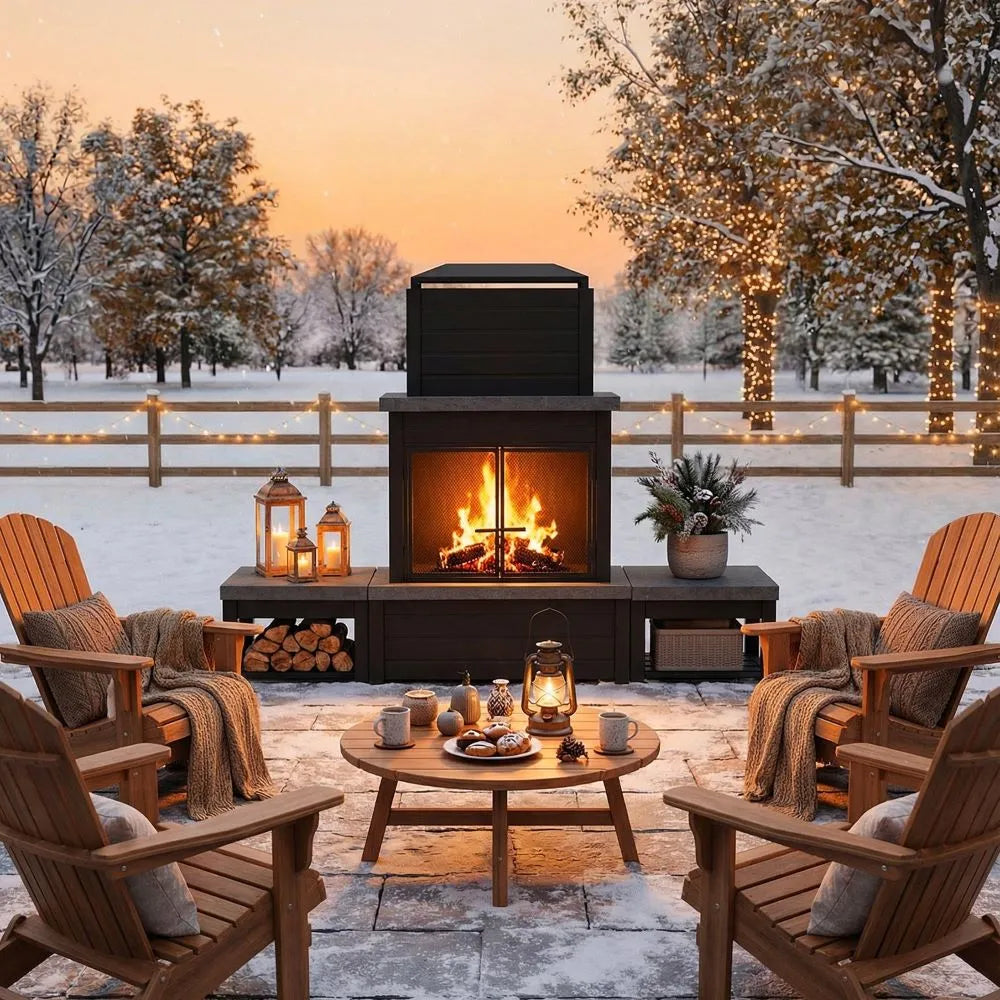 SUNJOY 58 Inch Modern Outdoor Fireplace with Chimney & Log Holders - Black