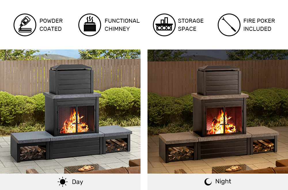 SUNJOY 58 Inch Modern Outdoor Fireplace with Chimney & Log Holders
