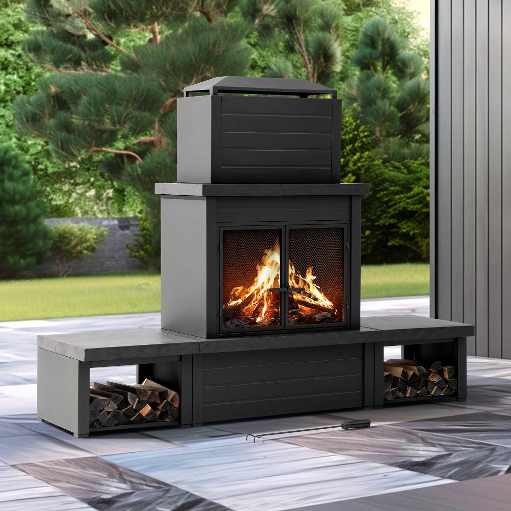 SUNJOY 58 Inch Modern Outdoor Fireplace with Chimney & Log Holders 