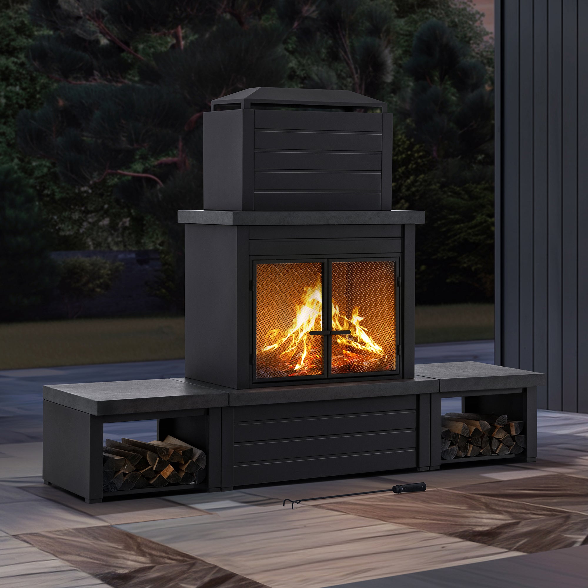 SUNJOY 58 Inch Modern Outdoor Fireplace with Chimney & Log Holders 