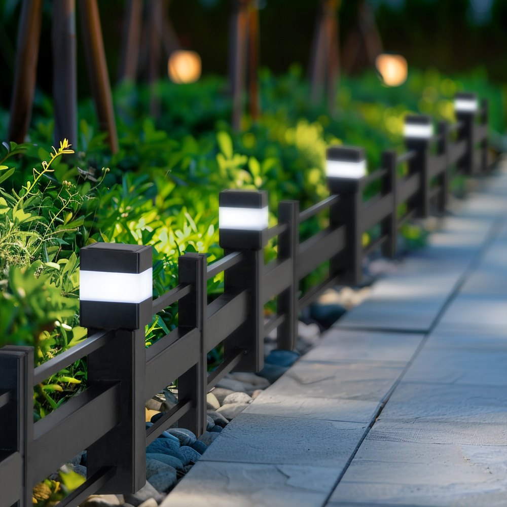 SUNJOY Garden Fence, Metal Garden Border Fence with Solar Lights (5-pack) - Strip & Black