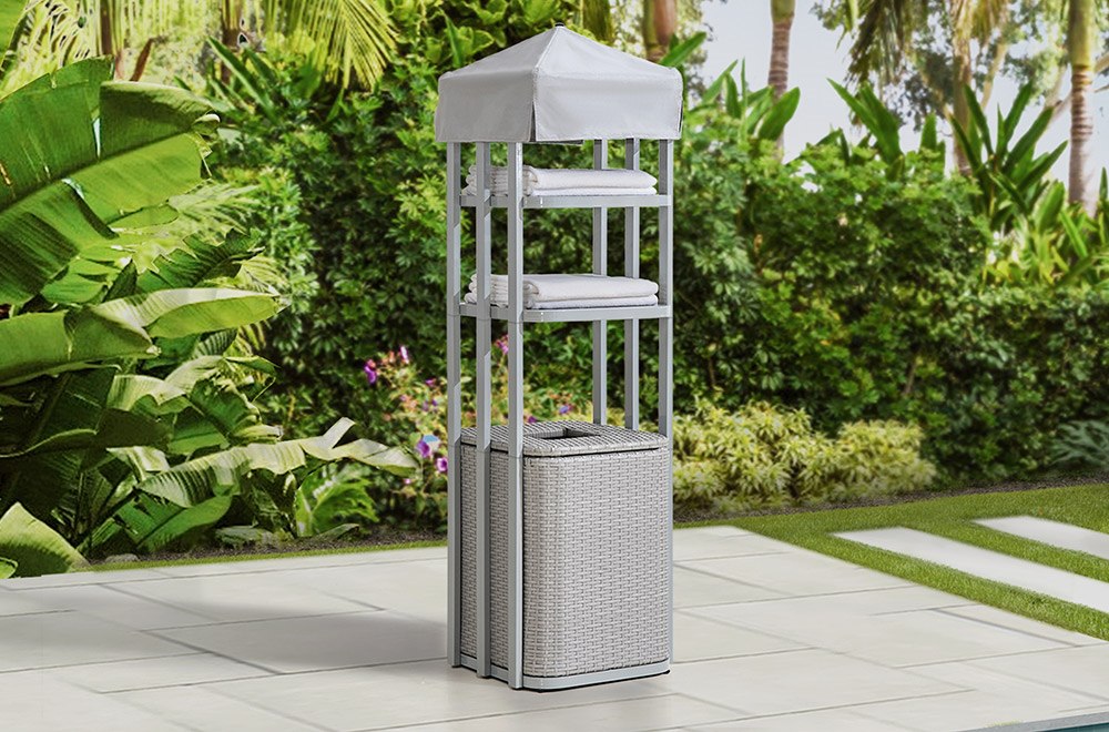 SUNJOY Aluminum Pool Valet Tower with Shelves and Wicker Basket