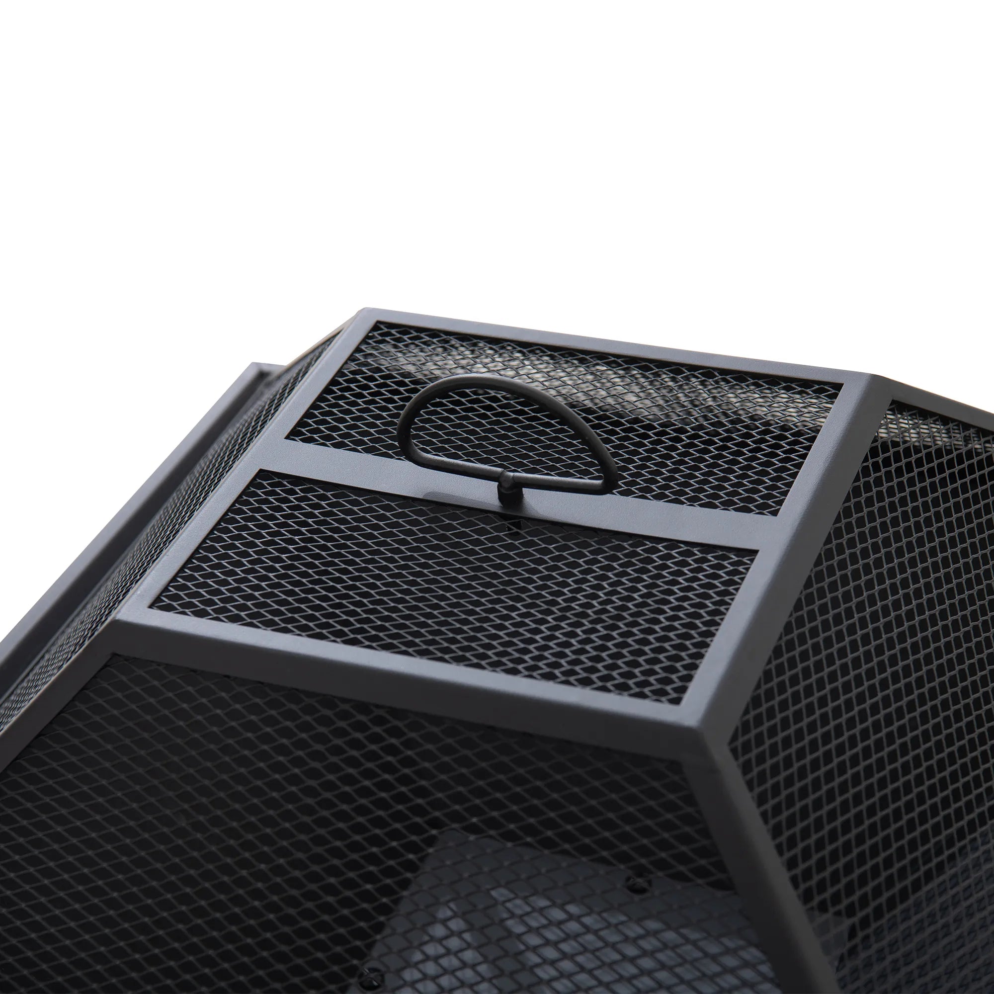 Black metal mesh grill on a white background