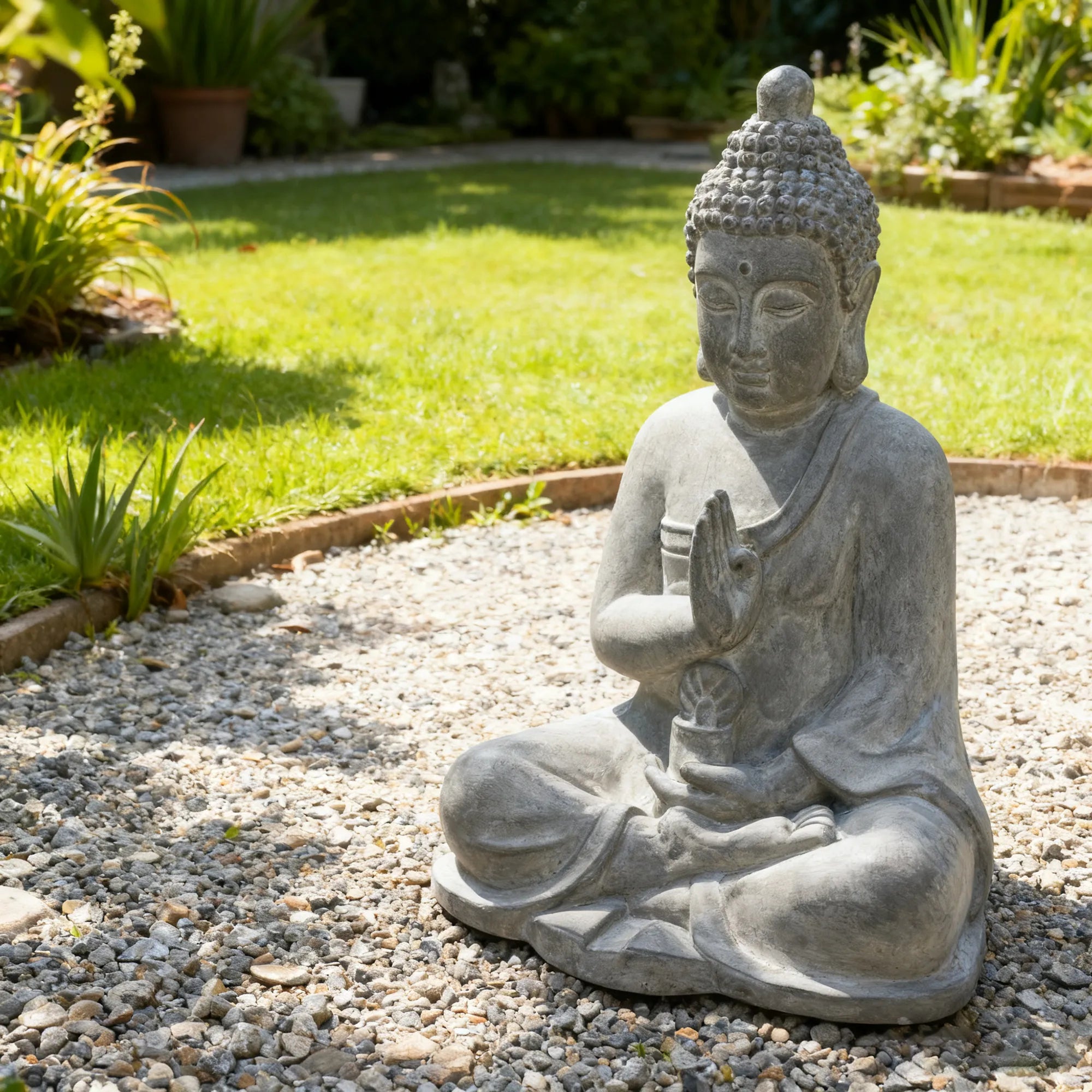 Serenity Blessing Buddha Statue 20" – Weathered Stone Gray