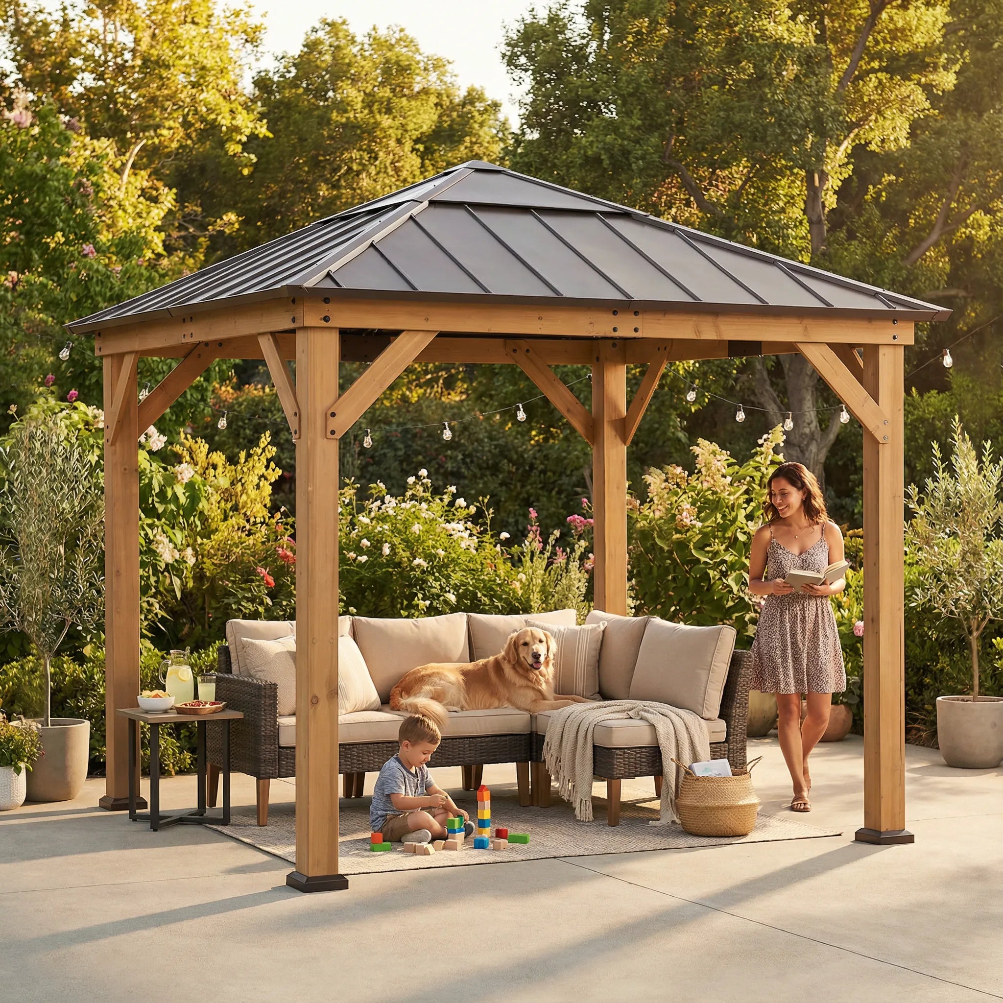 SUNJOY 9x9 Cedar Gazebo with Brown Metal Roof and Ceiling Hook