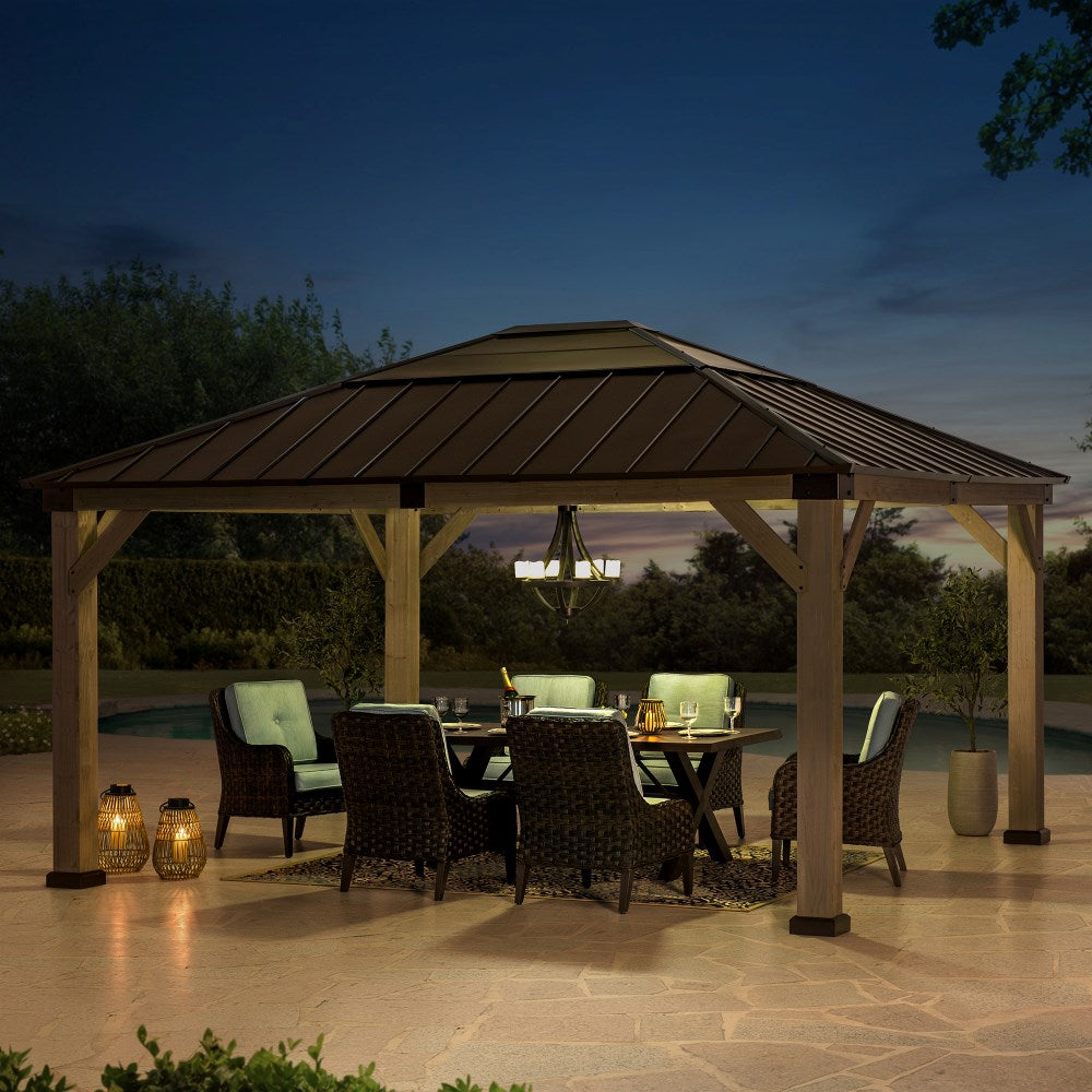 SUNJOY 13x15 Wooden Frame Gazebo with Hip Roof and Ceiling Hook.