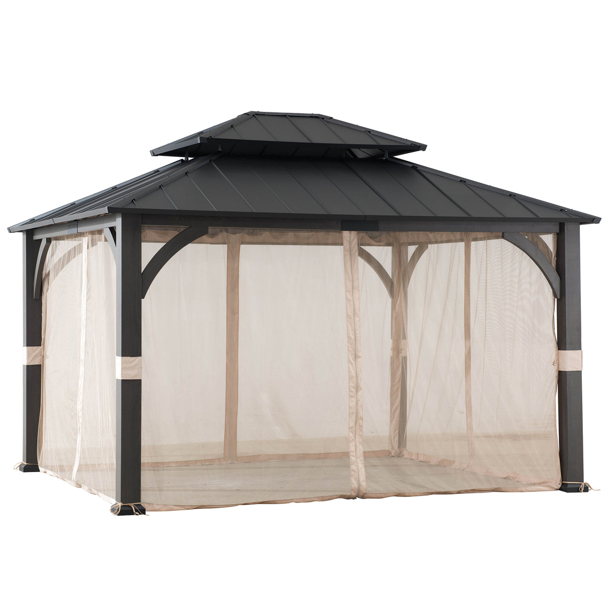 Meridian Woodgrain Tall Metal Gazebo with Netting, 2-Tier Steel Roof 13' × 15'