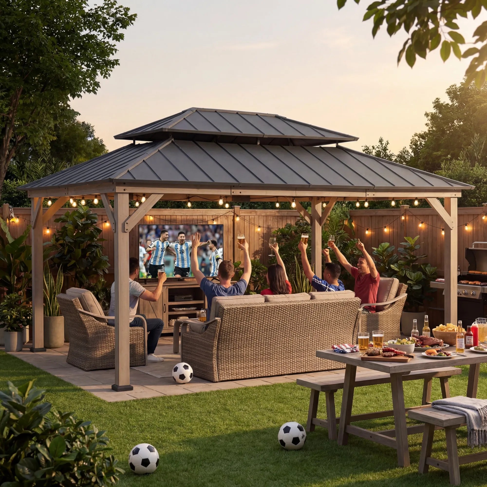 SUNJOY 12x16 Wooden Gazebo with 2-Tier Metal Roof and Ceiling Hook - Driftwood Cedar