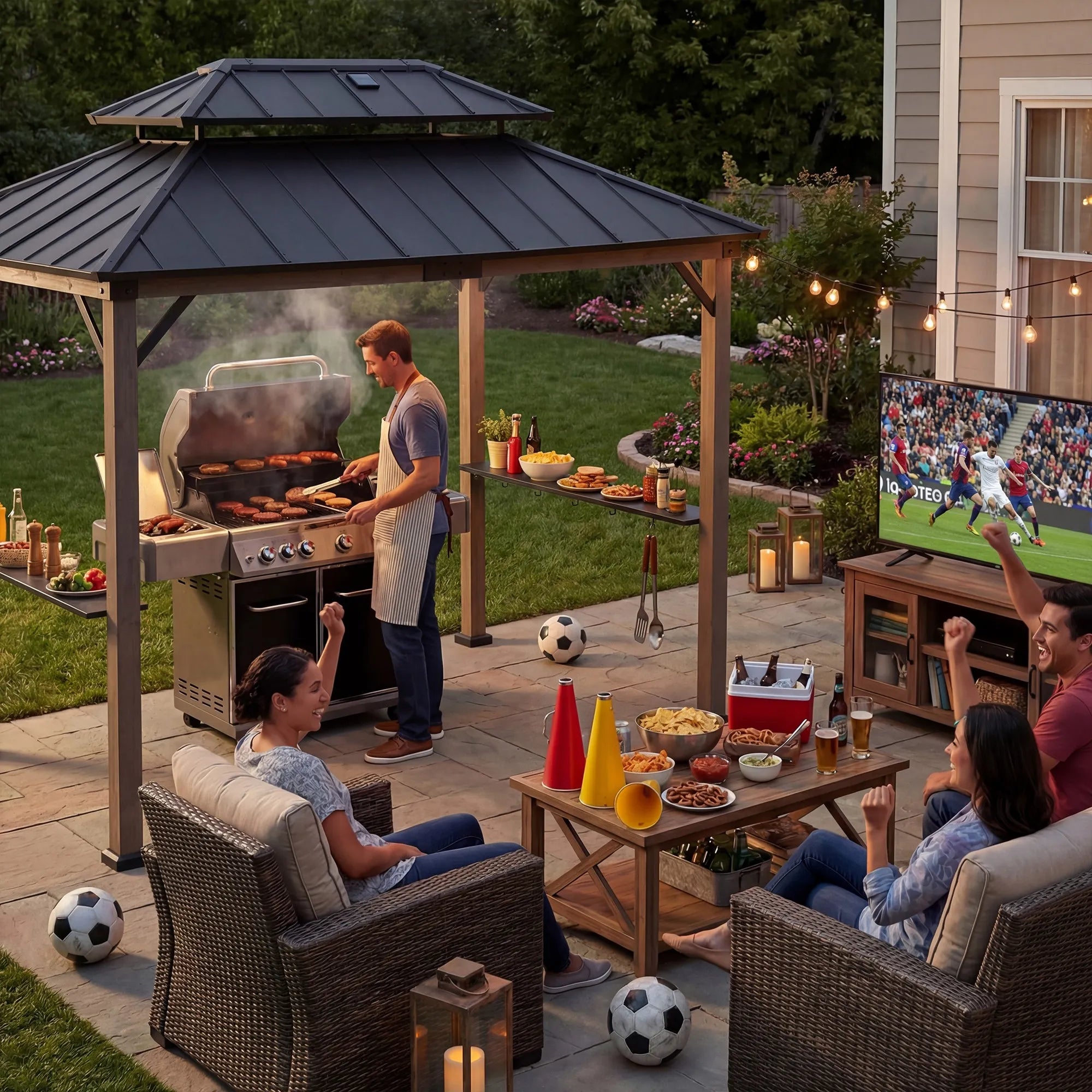 SUNJOY 8x12 Black Wood Grill Gazebo with Solar Power and Shelves