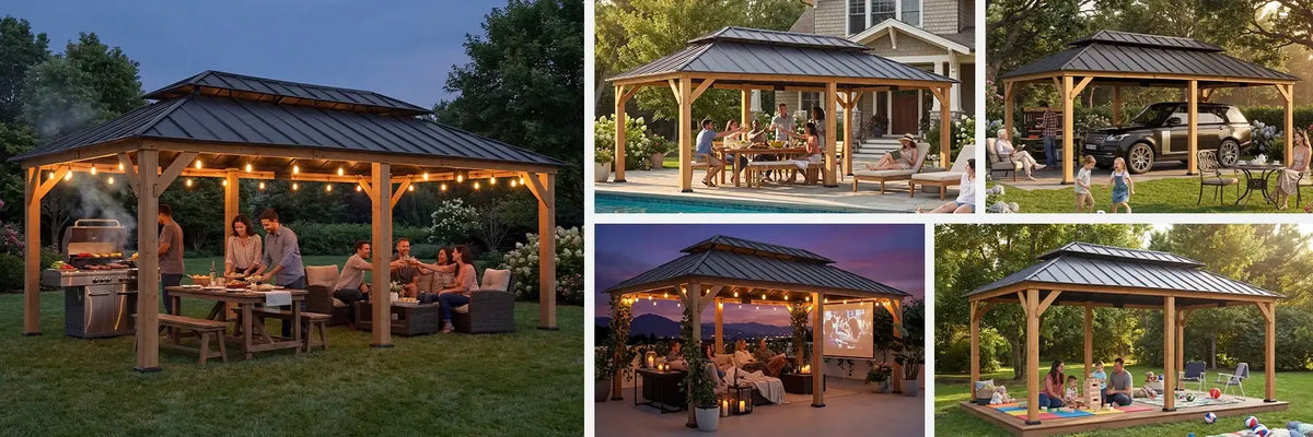 SUNJOY 12x20 Patio Wooden Gazebo with Ceiling Hooks - Standard Natural wood