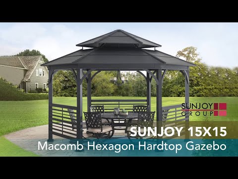 SUNJOY 15x15 Metal Roof Hexagon Gazebo with Decorative Fence.