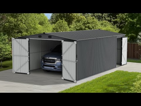 SUNJOY 13x20 Metal Shed Kits with Lockable Doors and Vents - Dark Gray.